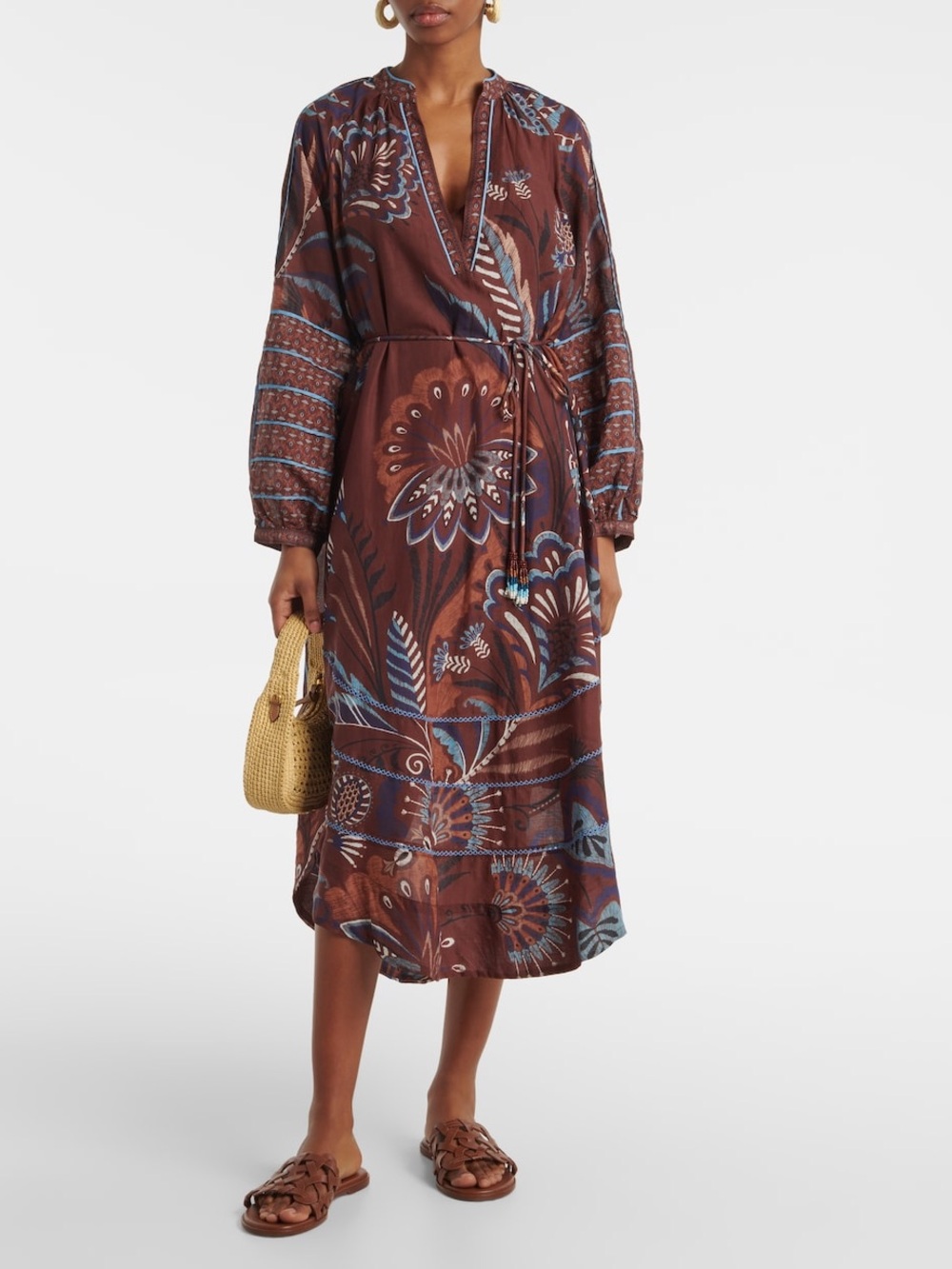 Farm Rio Delicate Garden Brown Printed Maxi Dress
